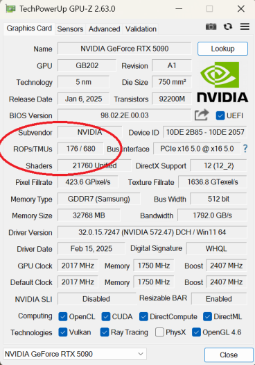 Im Tool GPU-Z wird die Anzahl der ROPs angezeigt. In unserem Fall sind 176 ROPs vorhanden, das Testmuster von Nvidia ist demnach vollständig. (Screenshot: Golem.de)
